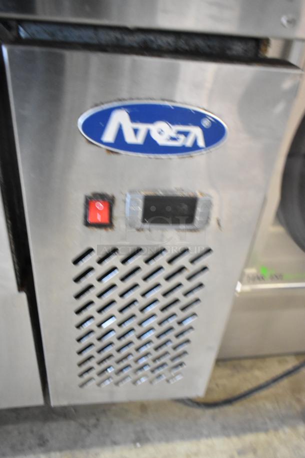 Atosa stainless steel 4-drawer chef base on casters, 115V, 1 phase with Atosa logo; used, visible wear.