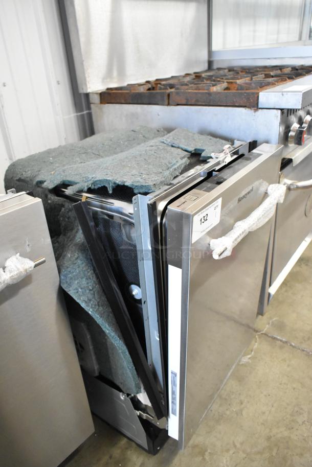 Brand new Honeywell HDS18SS undercounter dishwasher, stainless steel, 18" slimline, visible scratch and dent damage.