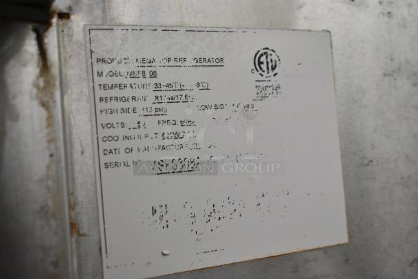 Atosa MSF8108 Stainless Steel Prep Table label, showing model, refrigeration details, voltage, and manufacturing specs.