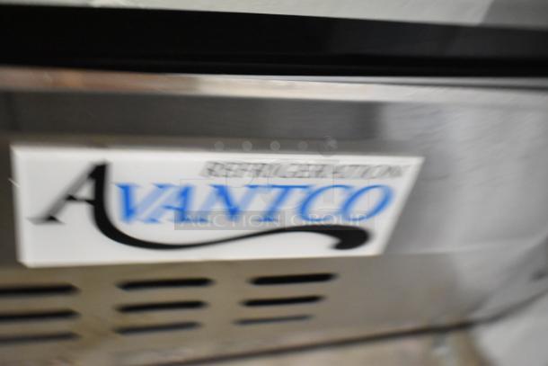"Avantco refrigerant label on stainless steel deli case merchandiser model 178DLC82HCS, featuring curved glass."