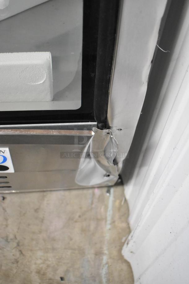 Stainless steel Avantco 178DLC82HCS deli case with a dented corner, new condition. Curved glass, 115V, 1-phase.