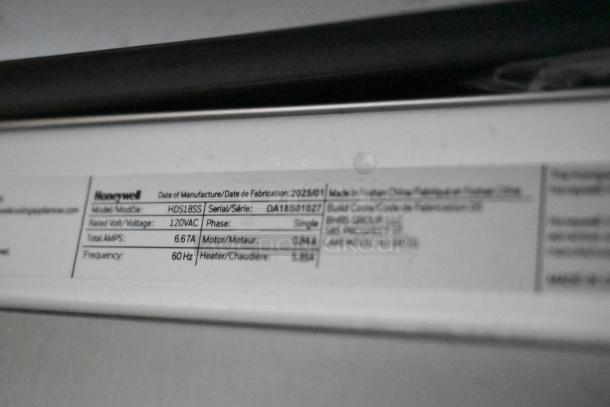 2025 Honeywell HDS18SS dishwasher label, showing model, serial, voltage, amps, and manufacture date details.