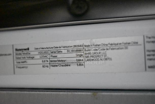 BRAND NEW Honeywell HDS18SS 18" Stainless Steel Undercounter Dishwasher. 115V, 1 Phase. Scratch and dent condition. Serial: DC18S00881.