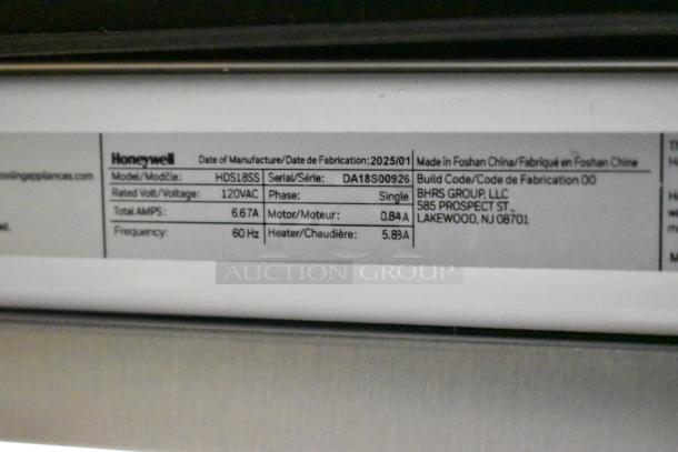Brand new 2025 Honeywell HDS18SS stainless steel undercounter dishwasher label. Features include 115V, single phase.