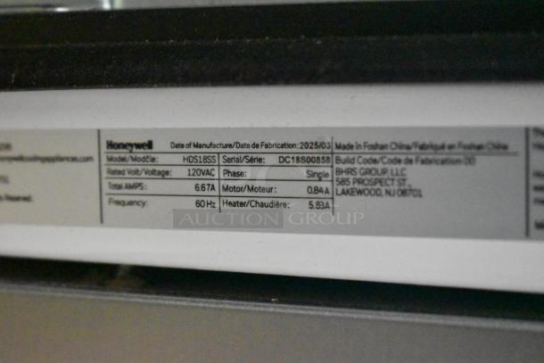 BRAND NEW SCRATCH AND DENT Honeywell HDS18SS 18" Stainless Steel Dishwasher, 115V, 1 Phase, labels visible.