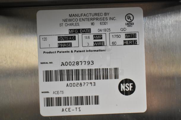 Label of Newco ACE-TS commercial coffee machine. Shows 120V, 1 Phase, serial number A00287793, NSF certified.
