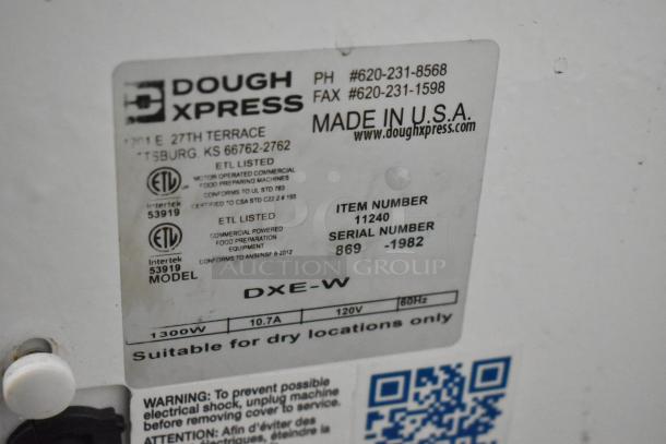 Dough Xpress DXE-W commercial countertop dough press label. Features 120V, 1 Phase, 1300W. Made in USA. ETL listed.