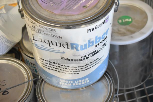 15 Pro Guard cans, including Liquid Rubber and PondPro 2000. Condition varies. Labels detail contents and use.