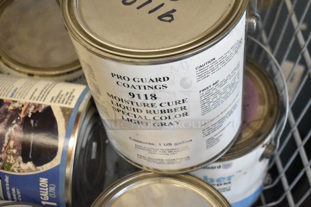 15 Pro Guard cans, including 9118 Moisture Cure Liquid Rubber, 1-gallon each, visible label with application, caution, and contents info.