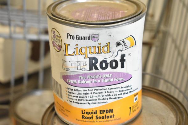 15 Pro Guard cans including Liquid Roof EPDM, Pro Flex Base Coat, Liquid Rubber. Labels detail usage and protection.