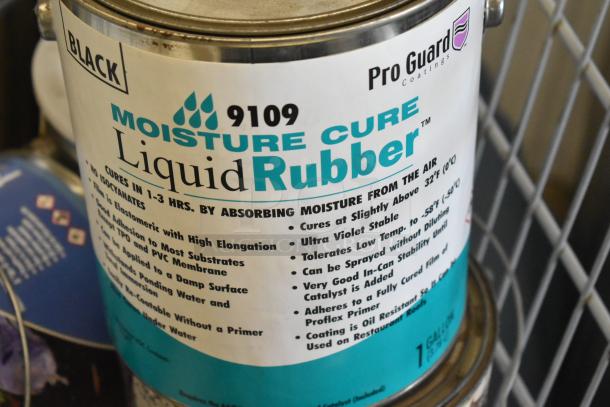 15 Pro Guard cans featuring Liquid Rubber, PondPro 2000, 9109 Moisture Cure, and 1520-2 Pro Flex Base Coat Part B. No cart included.