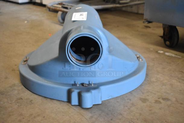 Trapzilla grease trap part, blue, durable plastic, clean condition, features inlet/outlet ports, visible mounting holes.
