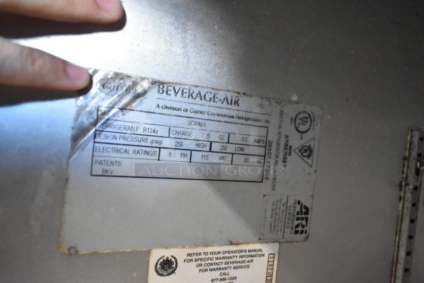 Beverage Air UCR48A stainless steel 2-door undercounter cooler, 115V, 1 phase; shows model and electrical info on label.