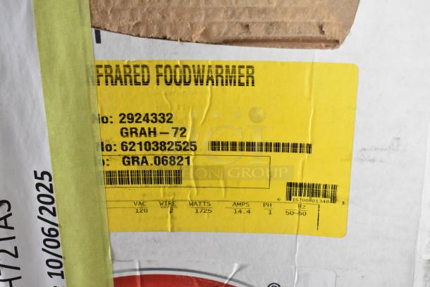 BRAND NEW SCRATCH AND DENT Hatco GRAH-72 Heat Strip Warmer, 120 Volts, 1 Phase. Label indicates infrared food warmer details.