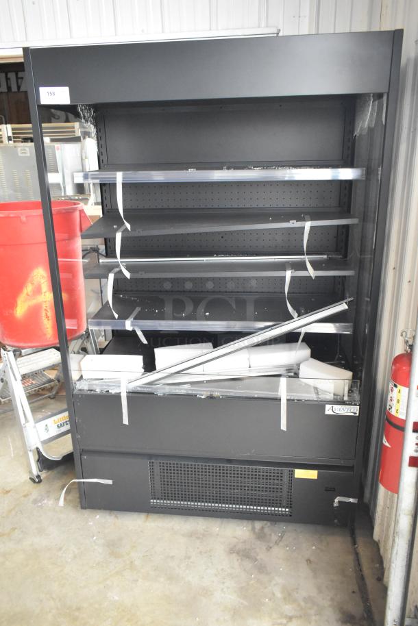 Avantco model 193VOA48B black vertical open air merchandiser with LED, brand new, glass damage visible, 115 volts, 1 phase.