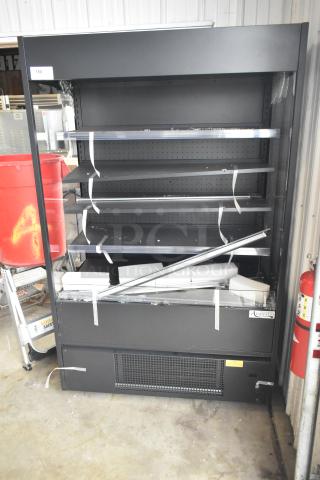 Avantco model 193VOA48B black vertical open air merchandiser with LED, brand new, glass damage visible, 115 volts, 1 phase.