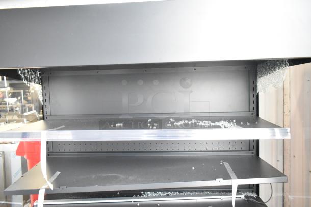 Brand new Avantco 193VOA48B black open air merchandiser, extra deep, with LED lighting; visible glass damage on shelves.