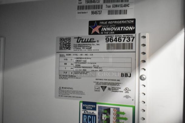 Label of 2019 True GDM-41SL-48-HC-LD cooler, displaying model, serial number 9646737, 115V, 1 phase specifications.