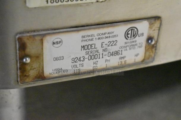 Berkel E-222 Metal Commercial Countertop Meat Grinder, 115 Volts, 1 Phase, label showing model and specifications.