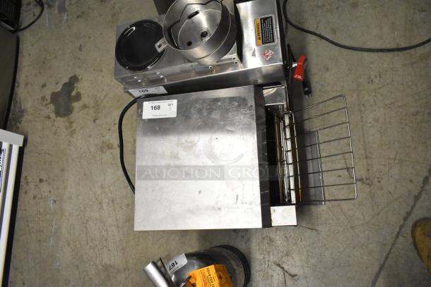 AvaToast 184T3300B stainless steel commercial countertop conveyor toaster oven, 208 volts, 1 phase; top view showing tags.