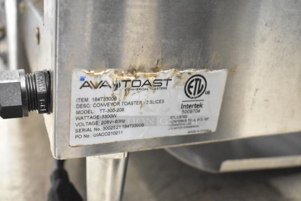 AvaToast 184T3300B stainless steel conveyor toaster oven, 208V, 1 phase. ETL listed, model TT-300-208, 3300W. Used condition.