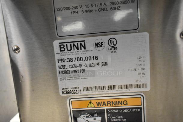 Bunn AXIOM-DV-3 stainless steel coffee machine label detailing model, serial number, and specifications.