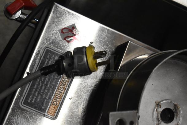 Stainless steel unit with 115 volts, 1 phase; features visible plug and warning label.