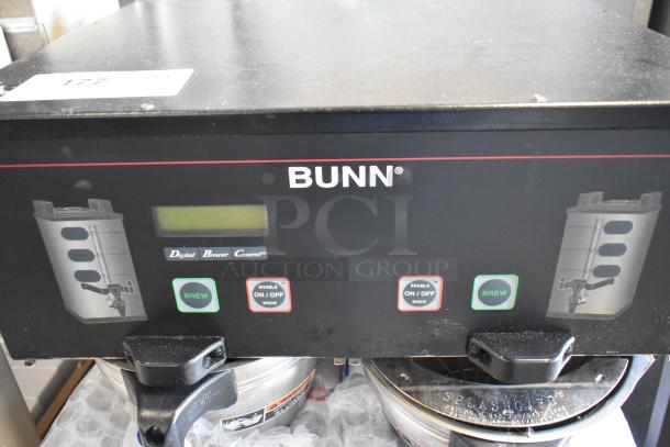 Bunn Commercial Coffee Machine, metal, countertop model with two satellite servers, two metal brew baskets, 120/208-240 volts, 1 phase, digital control panel.