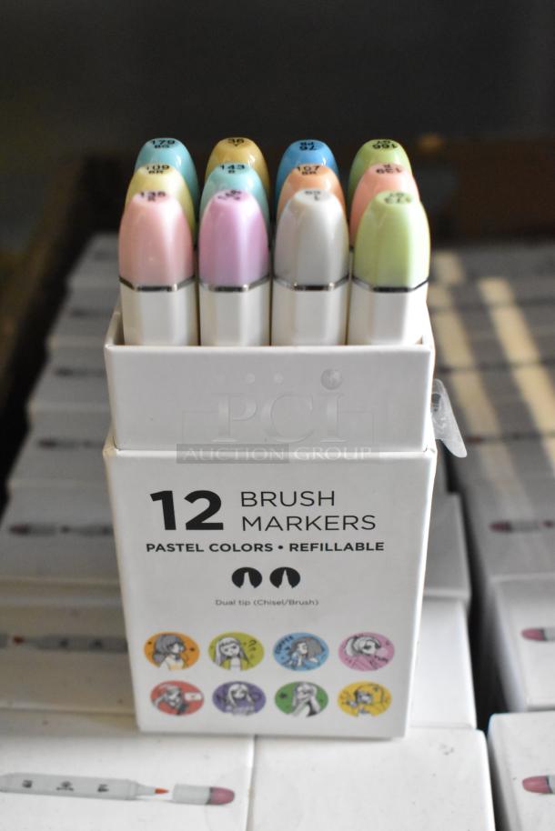 Box of 12 Art-n-fly brush markers in pastel colors, refillable, dual tip (chisel/brush).