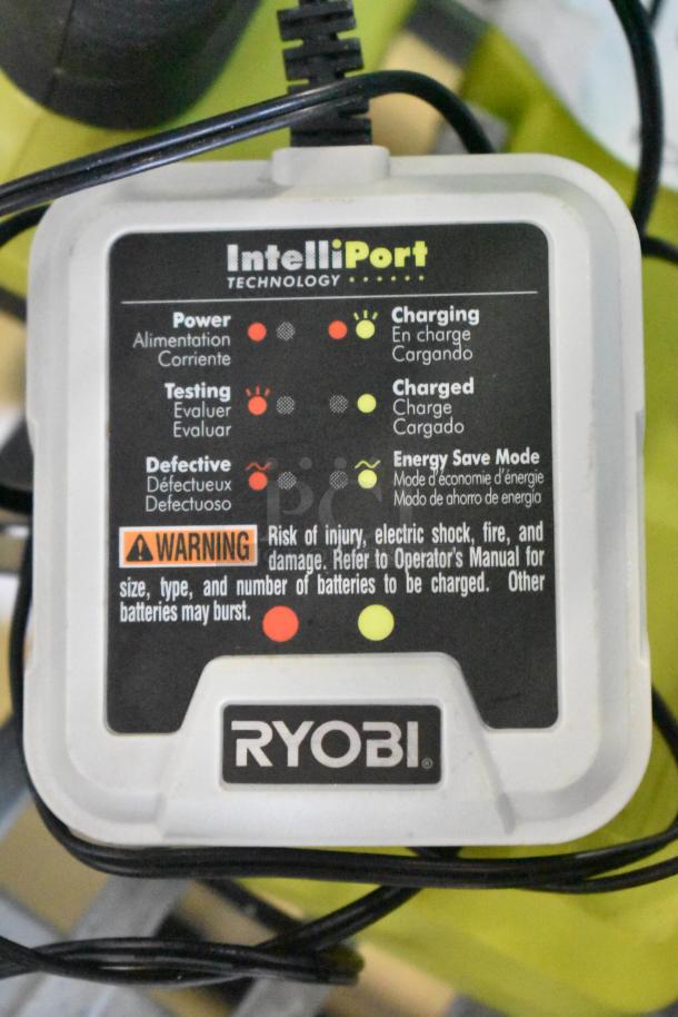 Ryobi HJP003 drill/driver charger with IntelliPort Technology indicators and warning label visible.