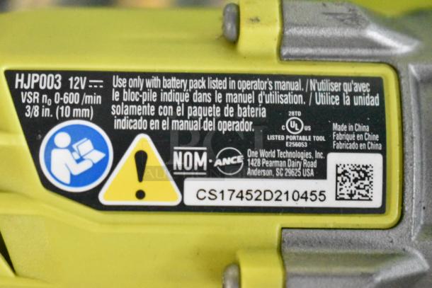 Ryobi HJP003 Drill/Driver label, 12V, VSR 0-600/min, 3/8 in. (10 mm). Made by One World Technologies, includes certification marks.