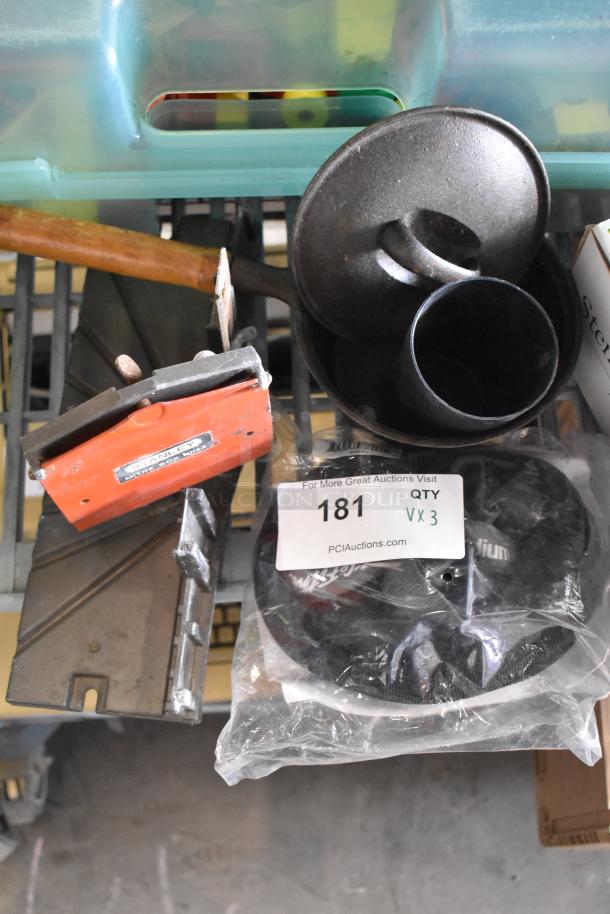 Three items including a resistance tube, a metal saucepan with lid, and a Stanley mitre box. Auction label shows lot 181.
