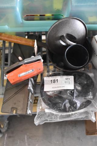 Three items including a resistance tube, a metal saucepan with lid, and a Stanley mitre box. Auction label shows lot 181.