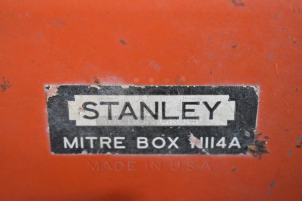 Stanley Mitre Box N114A label on red background; visible wear; text: "Made in U.S.A."