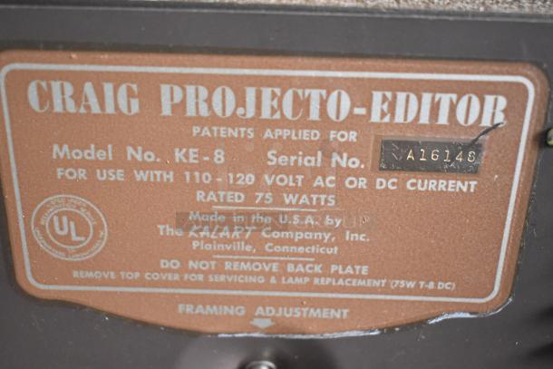 Craig KE-8 Projecto-Editor label showing model, serial number A16148, 110-120V, 75W usage, UL certification, by Kalart Company.