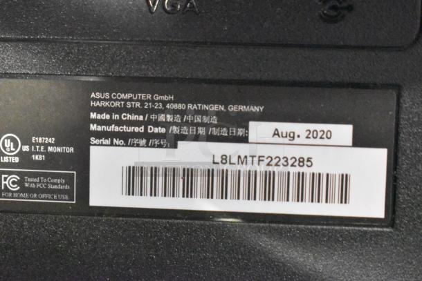 Label on Asus VG249 monitor showing manufacturer details, made in China, August 2020.