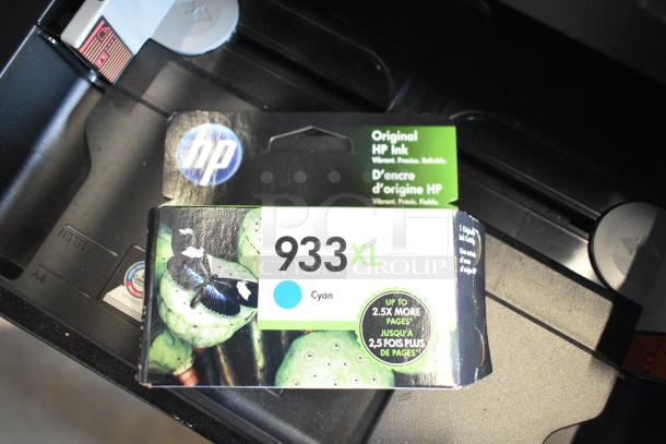 HP Countertop Printer Scanner Copier with Original HP Ink 933XL Cyan cartridge. Includes features and ink capacity details.