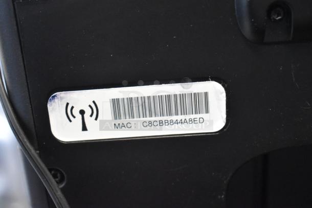 HP Countertop Printer Scanner Copier Machine; close-up of MAC address label, indicating network capability.