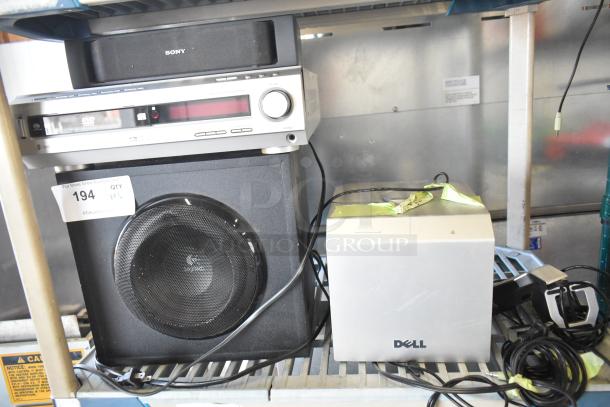 6 various electronics: Zylux Multi Media Computer, Sony SS-CN130 speaker, DAV-C450 disc changer, digital amplifier. Quantity label reads "194".