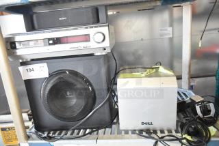 6 various electronics: Zylux Multi Media Computer, Sony SS-CN130 speaker, DAV-C450 disc changer, digital amplifier. Quantity label reads "194".
