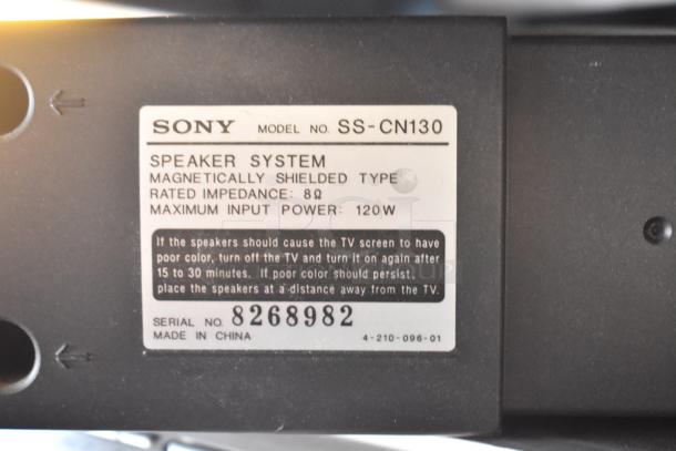 Sony SS-CN130 Speaker System tag; magnetically shielded, 8Ω impedance, 120W max power, serial 8268982, made in China.