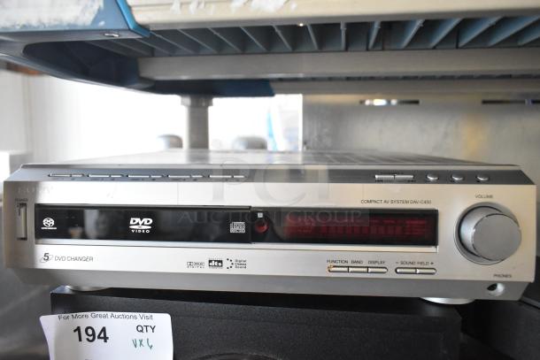 Sony DAV-C450 disc changer with digital amplifier, silver finish, front panel buttons, DVD and DTS logos visible.