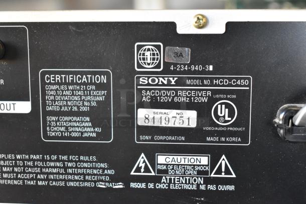 Sony HCD-C450 SACD/DVD Receiver label, model and serial number shown, 120V 60Hz 120W, made in Korea, certification details.