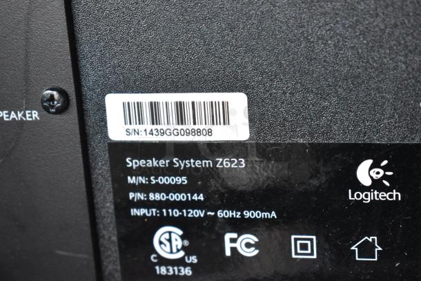 Logitech Z623 Speaker System label showing model and input specs, serial number 1439GG098808.