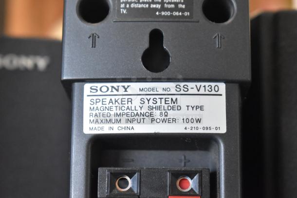 Sony SS-V130 speaker system, magnetically shielded, 8Ω impedance, 100W max input, made in China.
