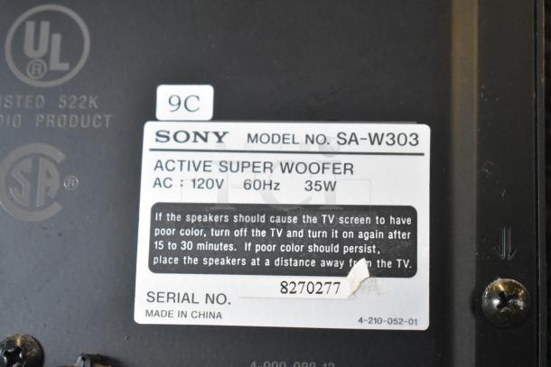 Sony Active Super Woofer Model SA-W303 label, AC 120V, 60Hz, 35W, made in China, serial number 8270277 visible.