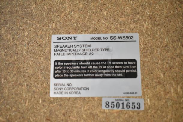 Sony speaker system label, model SS-WS502, magnetically shielded, 3Ω impedance, made in Korea. Serial number 8501653.