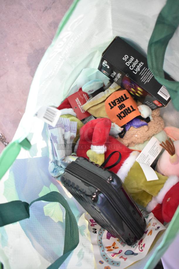 A bag containing mixed items including 50 Dual Color Lights, plush toys, fishing lures, and a Nintendo Switch controller holder.