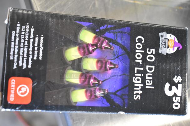 Box of 50 dual color Halloween lights, $3.50. Features indoor/outdoor use, steady burning, 10 ft length. UL certified.