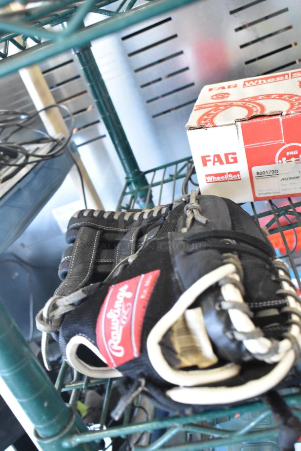 Two-tier lot with a Rawlings baseball glove and a FAG wheel set box on a metal shelf. Items vary in use and function.